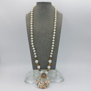 Vintage 80's white and Silver Toned Long Necklace White Glass Beads Pendant